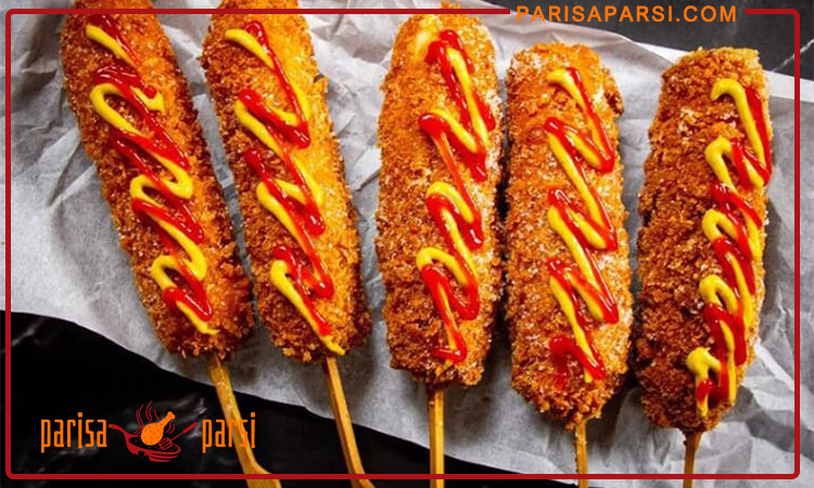 طرز تهیه کورن داگ پنیری کش دار 4 طرز تهیه کورن داگ سوسیس